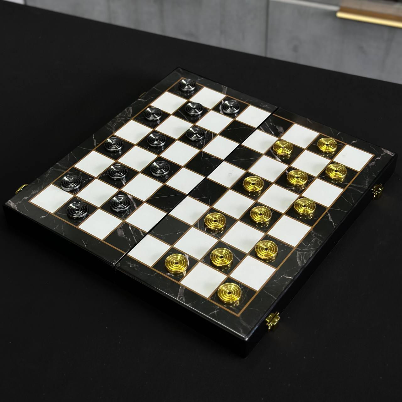 Chess Set with Imitation Marble and Metal Pieces (39x19 cm), Wooden chess set. Gift-ready. Art. 198026