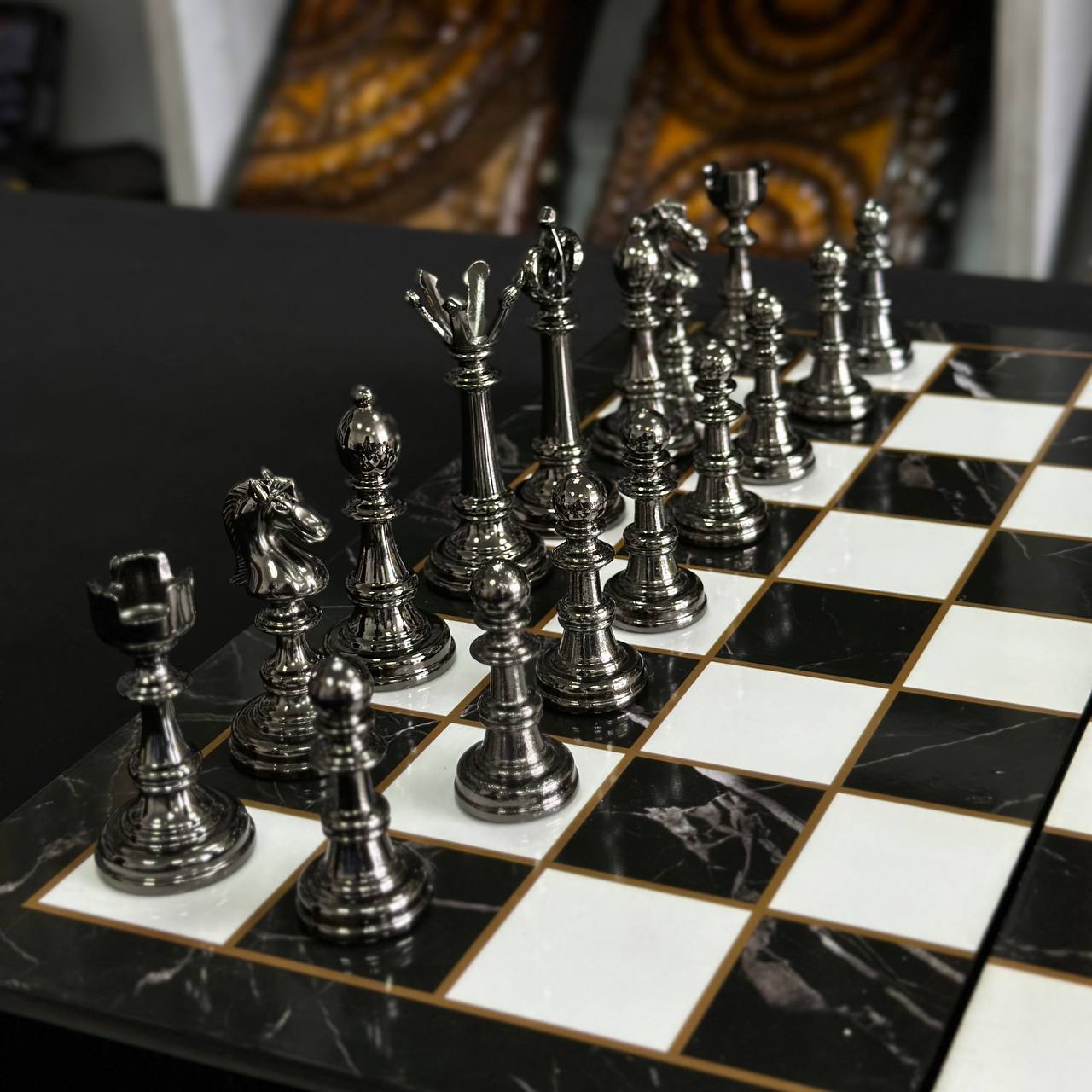 Chess Set with Imitation Marble and Metal Pieces (39x19 cm), Wooden chess set. Gift-ready. Art. 198026