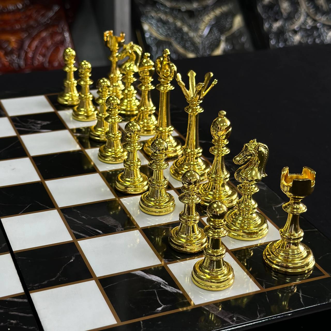 Chess Set with Imitation Marble and Metal Pieces (39x19 cm), Wooden chess set. Gift-ready. Art. 198026