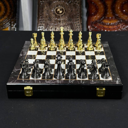 Chess Set with Imitation Marble and Metal Pieces (29x29 cm), Wooden chess set. Gift-ready. Art. 198027