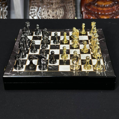 Chess Set with Imitation Marble and Metal Pieces (29x29 cm), Wooden chess set. Gift-ready. Art. 198027