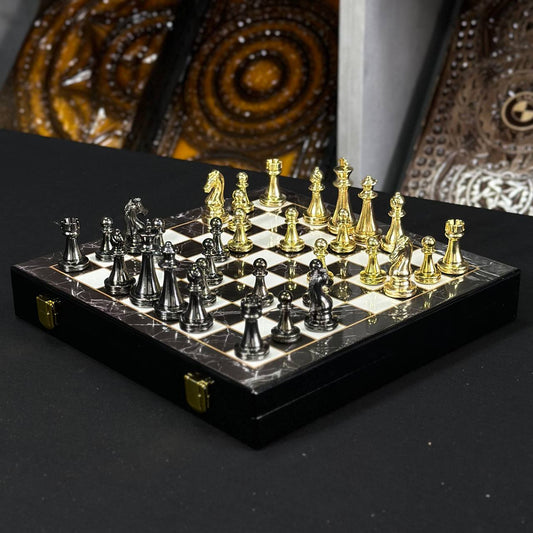 Chess Set with Imitation Marble and Metal Pieces (29x29 cm), Wooden chess set. Gift-ready. Art. 198027