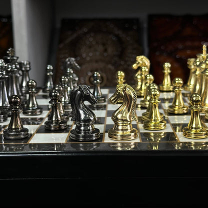 Chess Set with Imitation Marble and Metal Pieces (29x29 cm), Wooden chess set. Gift-ready. Art. 198027