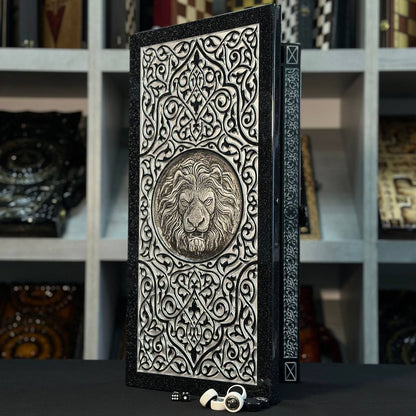 Luxury black acrylic stone backgammon "Silver Lion" 58×28cm, stone board Gift-ready