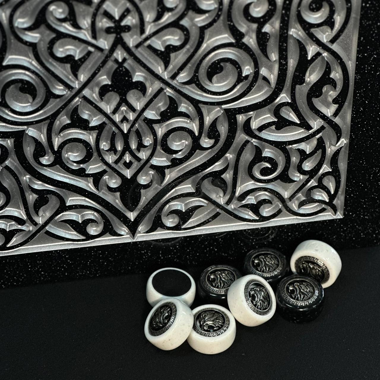 Backgammon de piedra acrílica negra de lujo "Silver Lion" 60×30cm, tablero de piedra