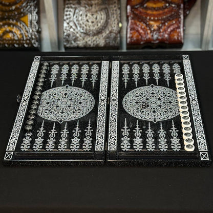 Backgammon de piedra acrílica negra de lujo "Silver Lion" 60×30cm, tablero de piedra