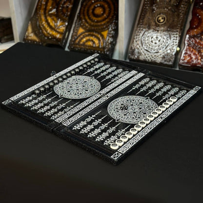 Backgammon de piedra acrílica negra de lujo "Silver Lion" 60×30cm, tablero de piedra