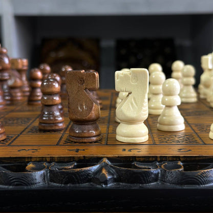 Exclusive Hand-Carved Wooden Chess Set and Checkers Set, 33 x 33 cm. Customized and gift-ready