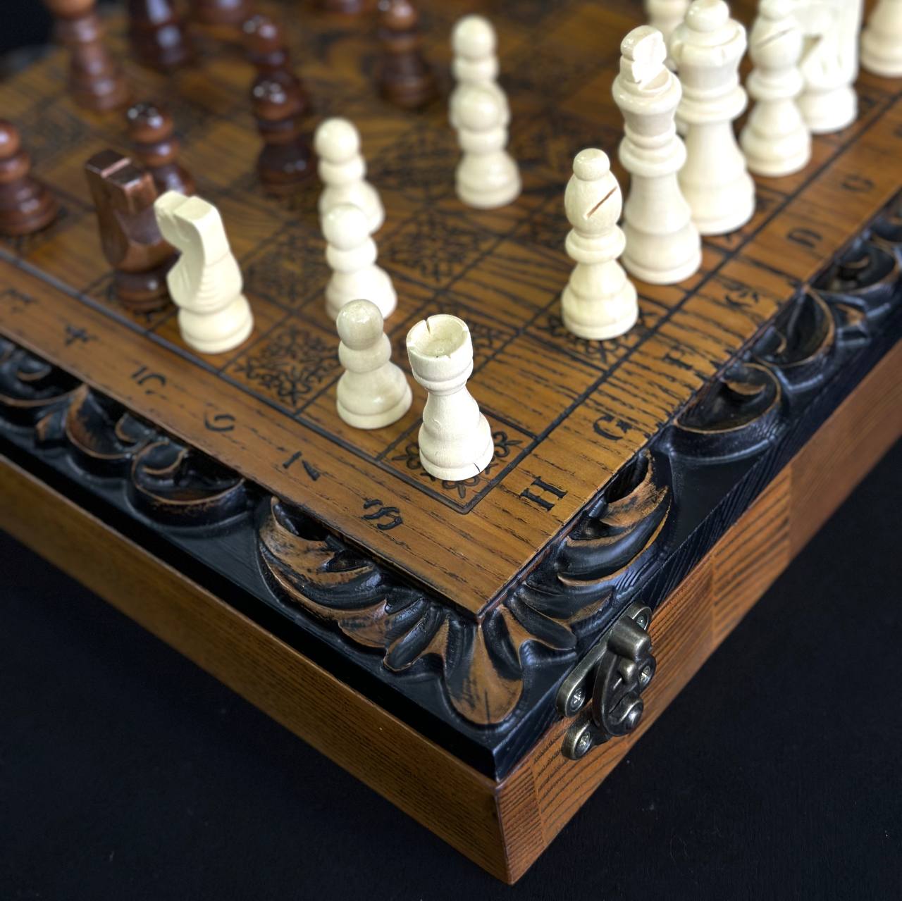 Exclusive Hand-Carved Wooden Chess Set and Checkers Set, 33 x 33 cm. Customized and gift-ready