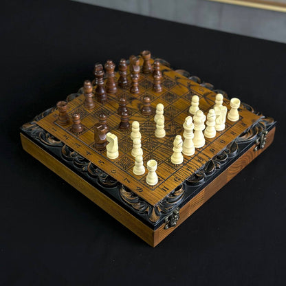 Exclusive Hand-Carved Wooden Chess Set and Checkers Set, 33 x 33 cm. Customized and gift-ready