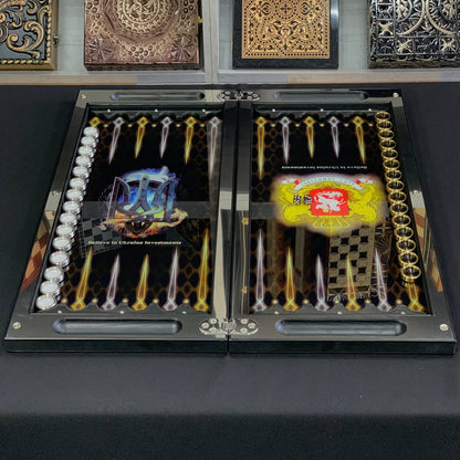 Backgammon de metal 60×30 cm, zona de juego de cristal