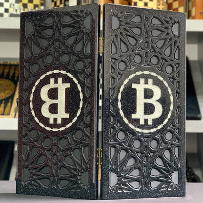 Stein-Backgammon, Bitcoin-Symbol oben, Spielbrett, Backgammon-Set, limitiert