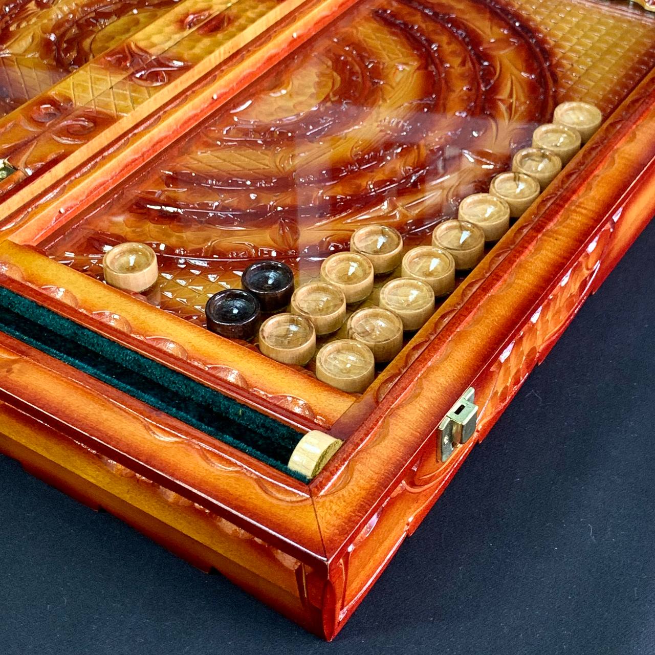 Exquisite Hand-Carved Wooden Backgammon with Glass Board 58*28*10 cm, Customized, Gift-ready