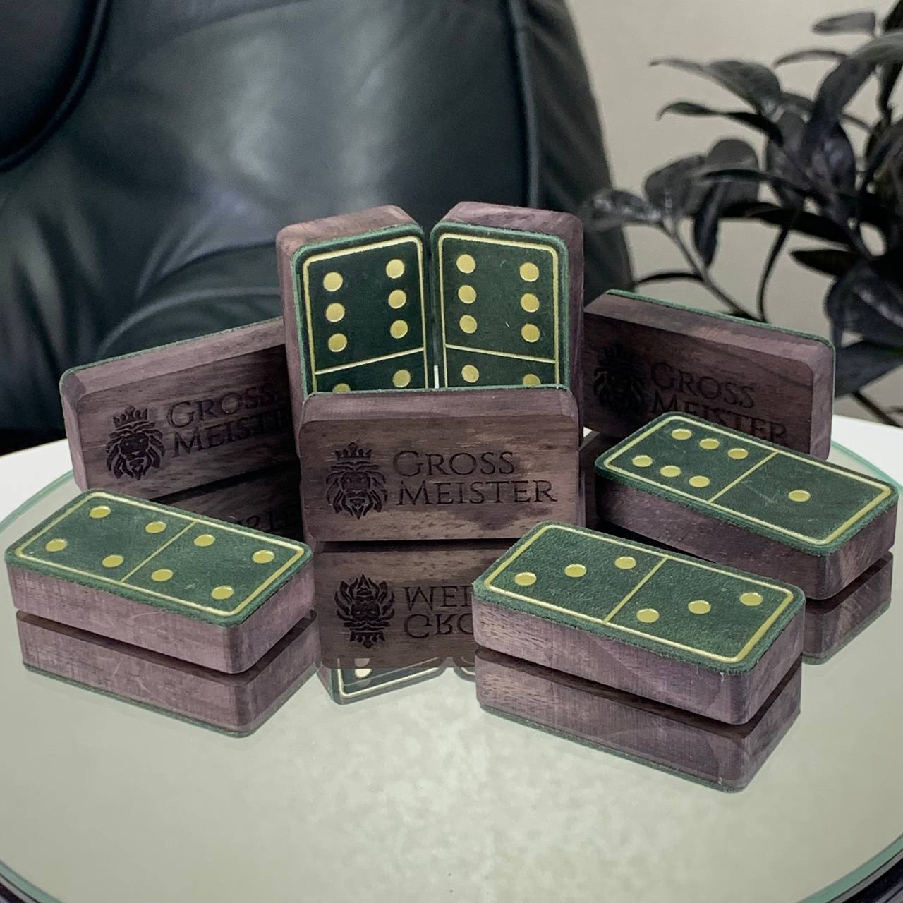 Luxury Domino set from Wood and Elegant Leather, 52*27*12mm green dominoes, Gift-ready