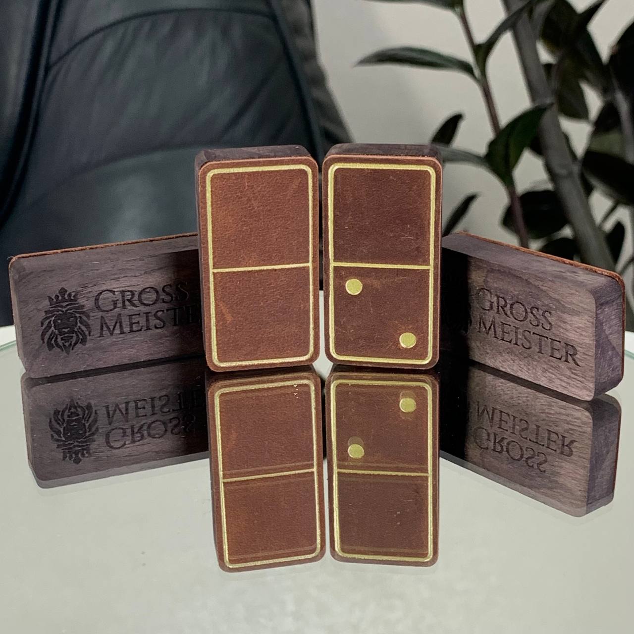 Luxury Domino set from Wood and Elegant Leather, 52*27*12mm brown dominoes, Gift-ready