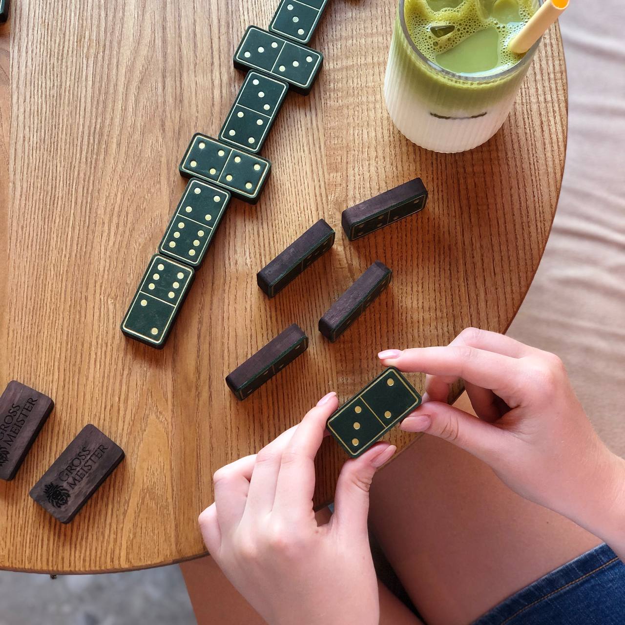 Luxury Domino set from Wood and Elegant Leather, 52*27*12mm green dominoes, Gift-ready