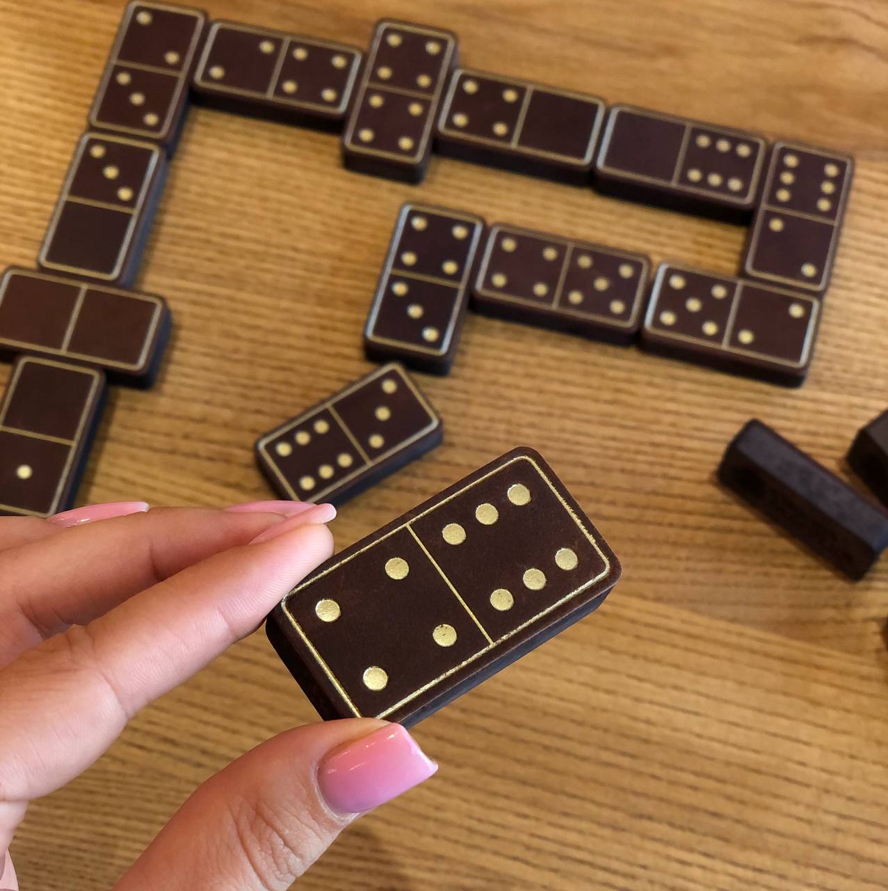 Luxury Domino set from Wood and Elegant Leather, 52*27*12mm brown dominoes, Gift-ready