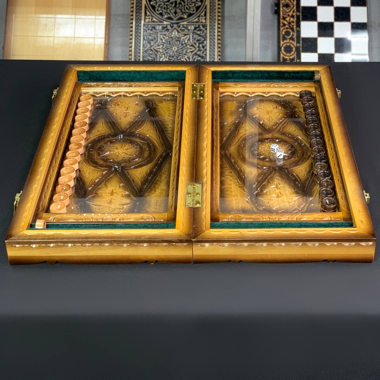 Exquisite Hand-Carved Wooden Backgammon with Glass Board 58*28*10 cm, Customized, Gift-ready