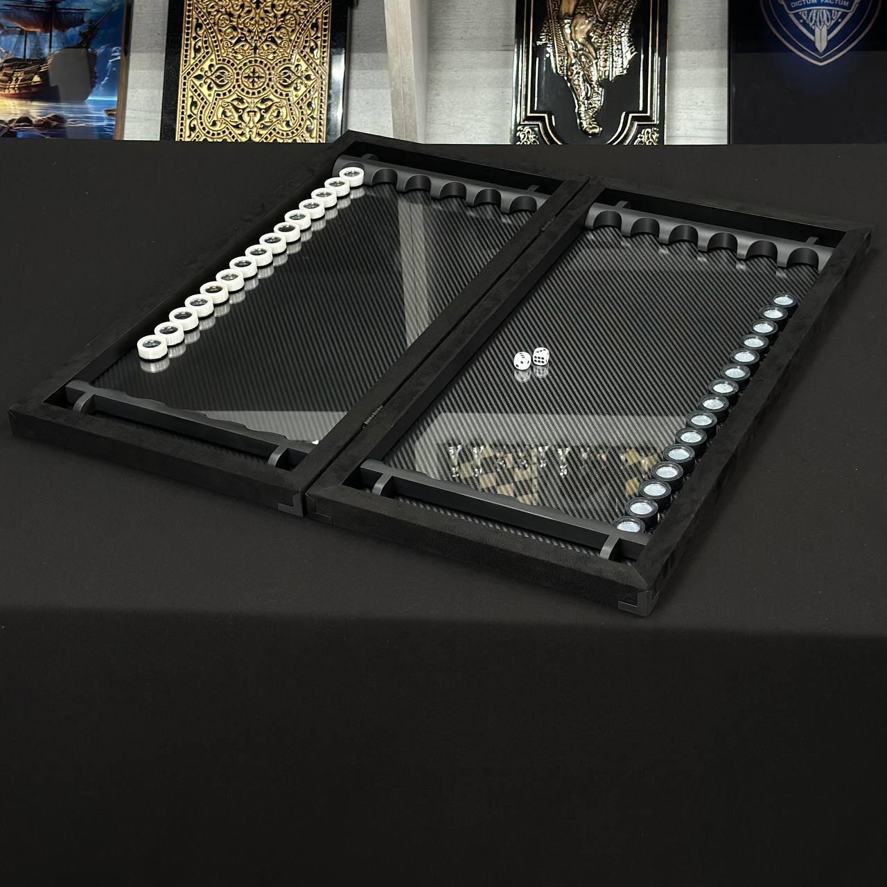 Exclusive Carbon Backgammon Set in Aluminum Frame with Glass Interior, 60*30 cm, Art.555000 Gift-ready