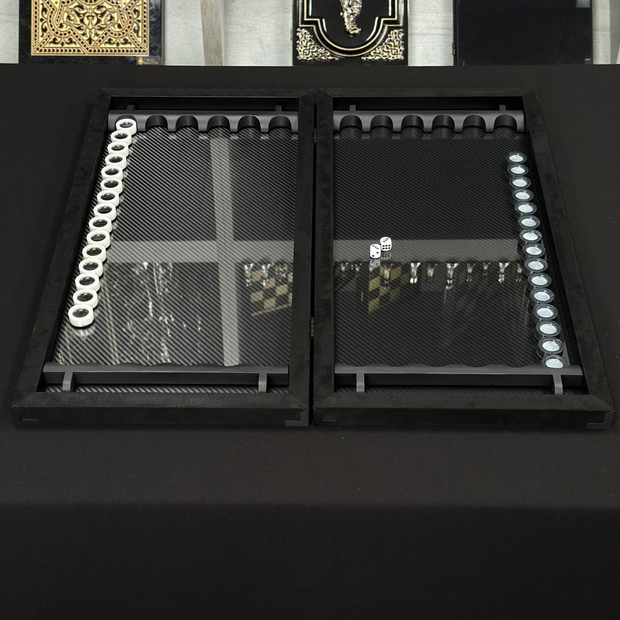 Exclusive Carbon Backgammon Set in Aluminum Frame with Glass Interior, 60*30 cm, Art.555000 Gift-ready