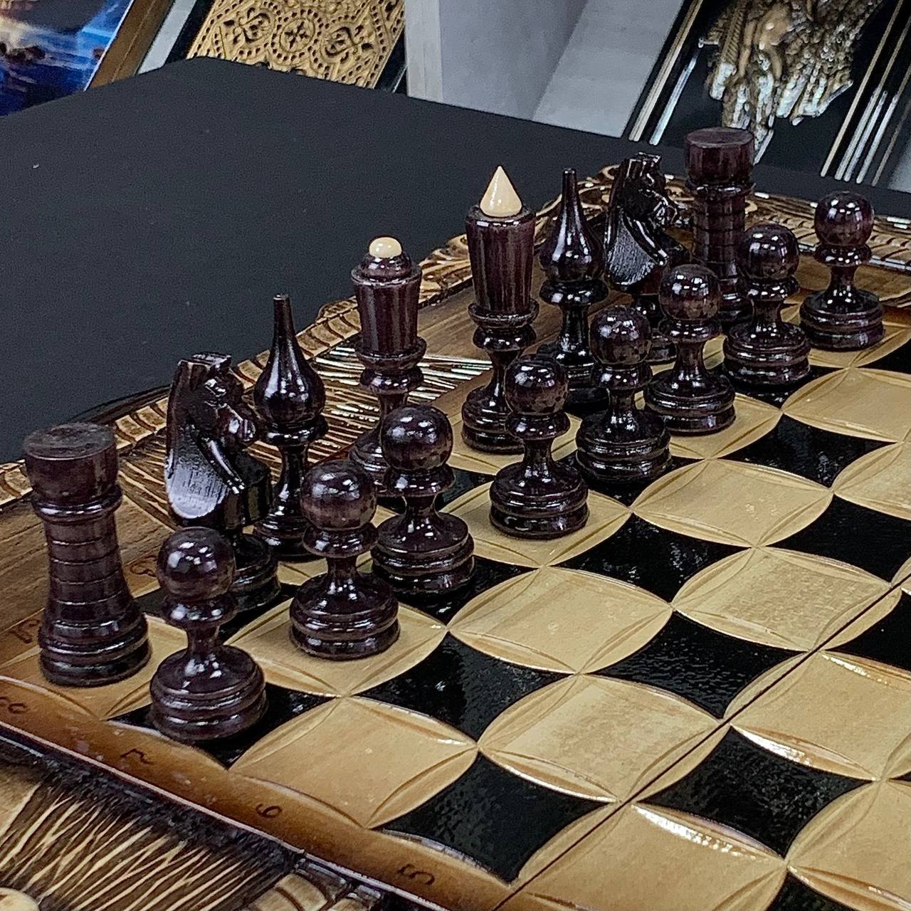 Exclusive Handmade Wooden Chess Set 3-in-1, 60*30cm, Art.191006. Customized and Gift-ready