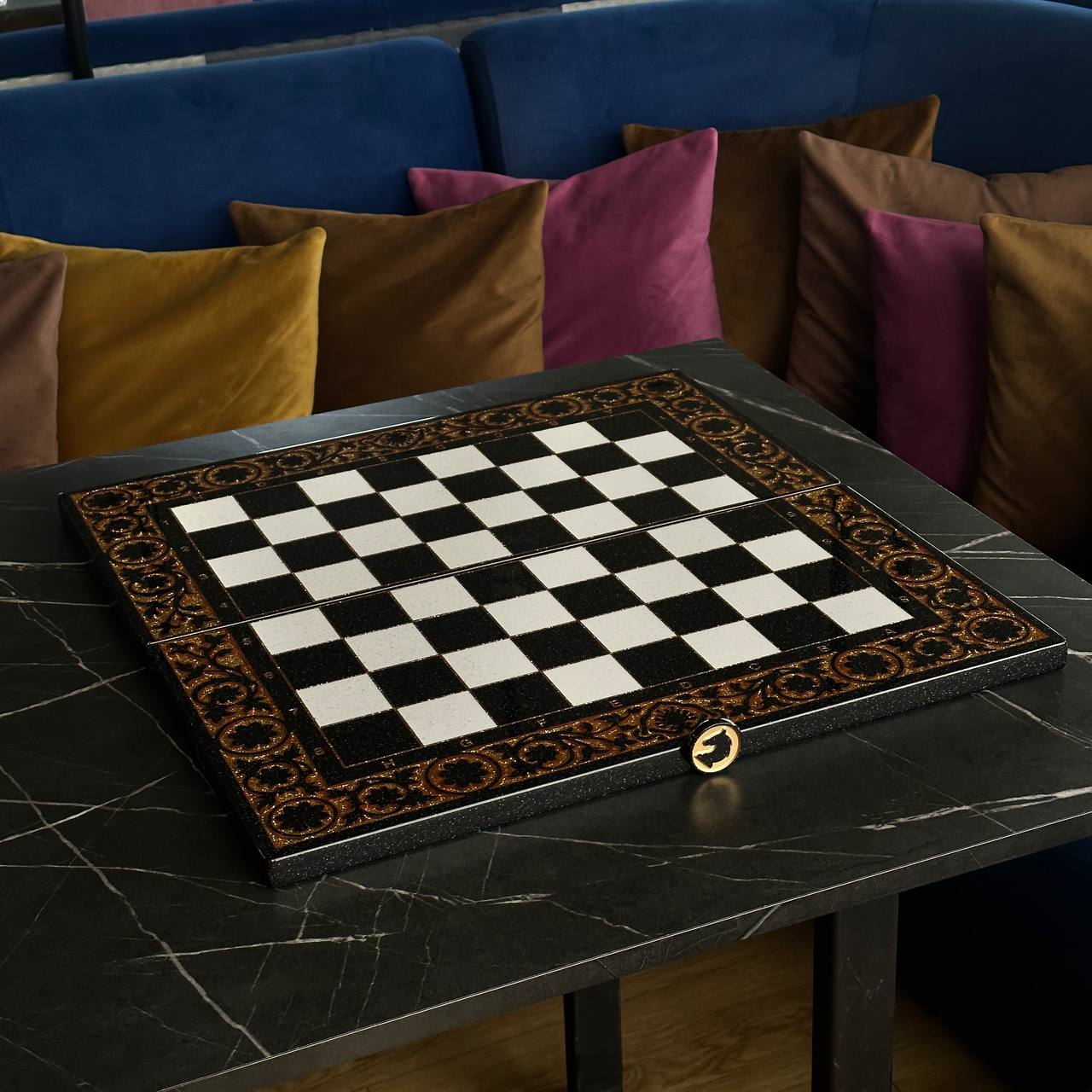 Deluxe Acrylic Stone Chess & Backgammon Set – Gold Carved Design (58×28 cm) | Free Global Delivery | Gift-ready