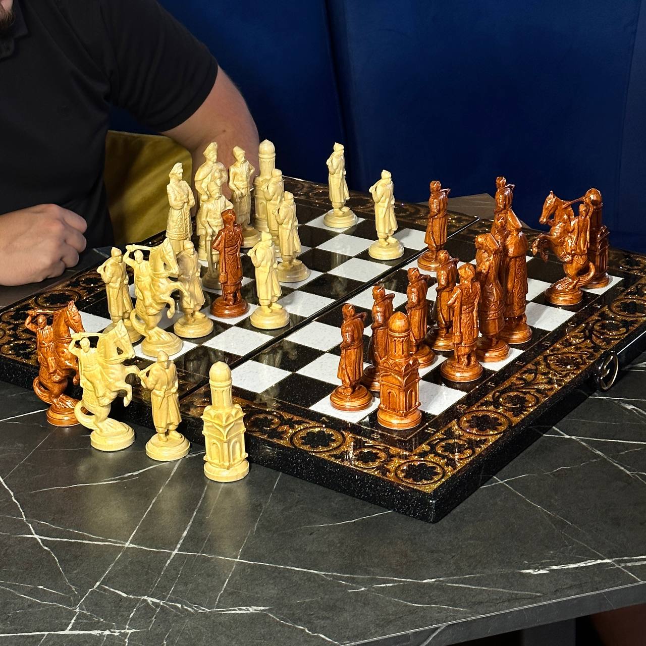 Deluxe Acrylic Stone Chess & Backgammon Set – Gold Carved Design (58×28 cm) | Free Global Delivery | Gift-ready