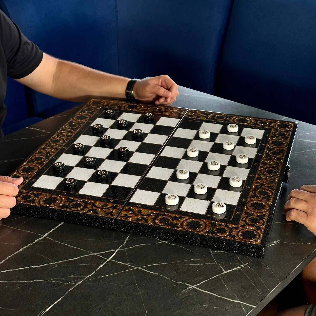 Deluxe Acrylic Stone Chess & Backgammon Set – Gold Carved Design (58×28 cm) | Free Global Delivery | Gift-ready