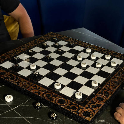 Deluxe Acrylic Stone Chess & Backgammon Set – Gold Carved Design (58×28 cm) | Free Global Delivery | Gift-ready