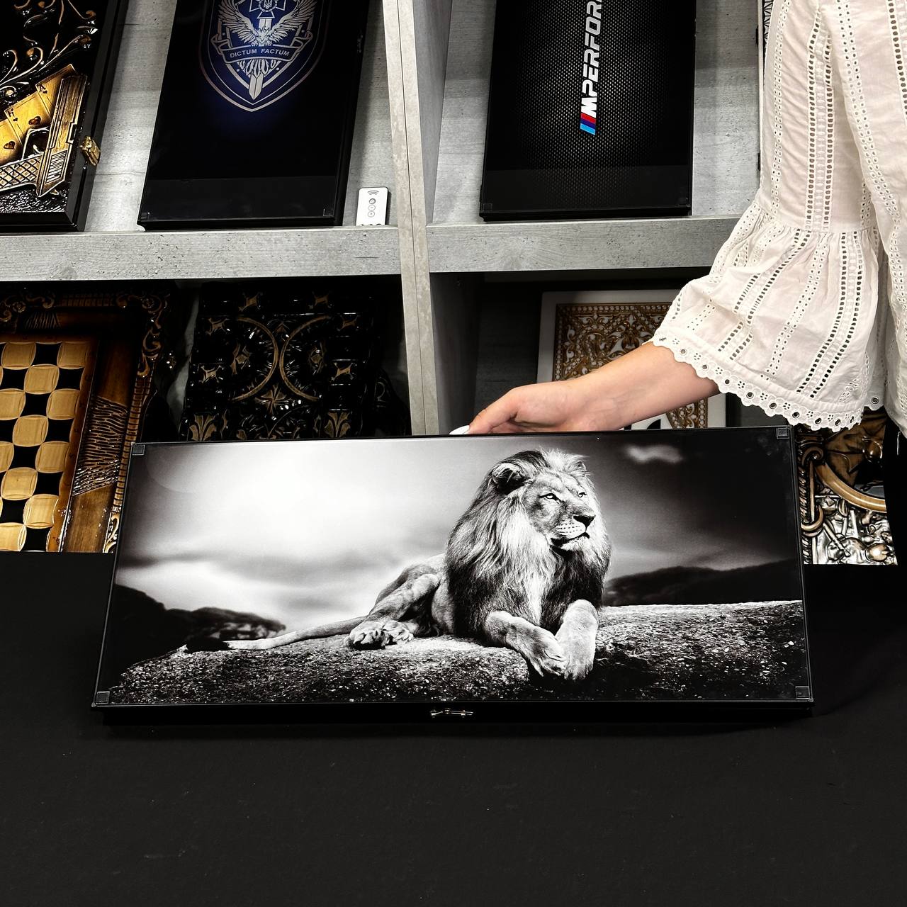 Glass backgammon set, LION Black&White 61*27*5cm, Personalized and Exclusive Design. Gift-ready.