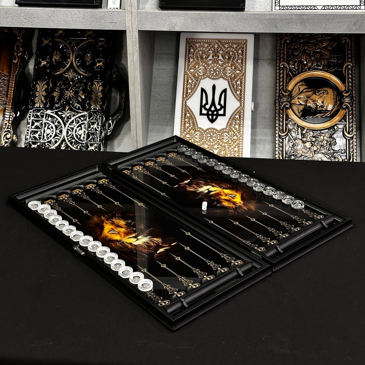 Glass backgammon set, LION Black&White 61*27*5cm, Personalized and Exclusive Design. Gift-ready.