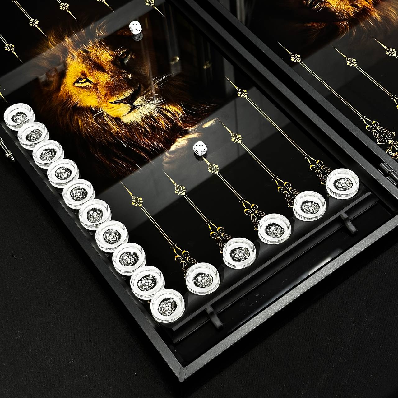 Glass backgammon set, LION Black&White 61*27*5cm, Personalized and Exclusive Design. Gift-ready.