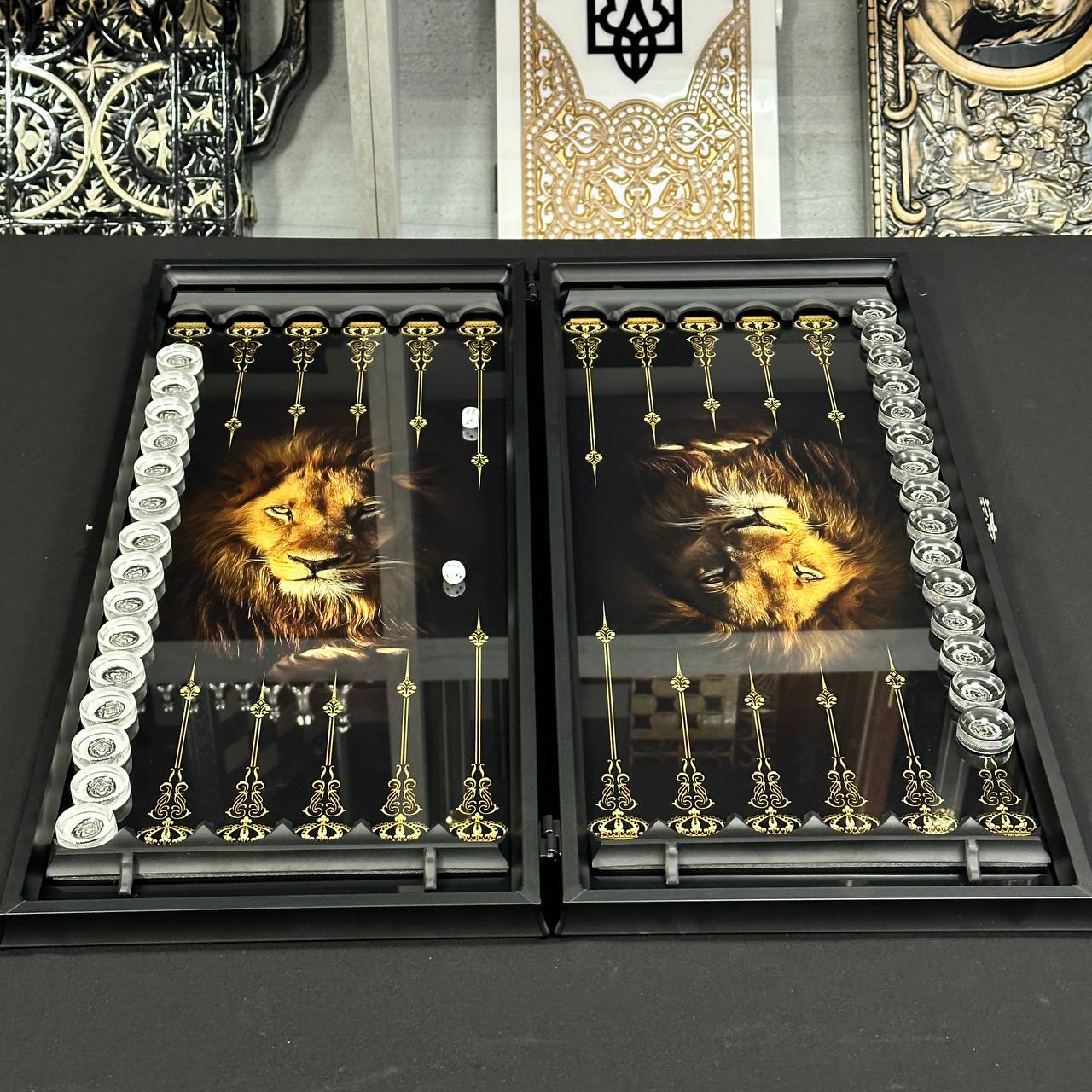 Glass backgammon set, LION Black&White 61*27*5cm, Personalized and Exclusive Design. Gift-ready.