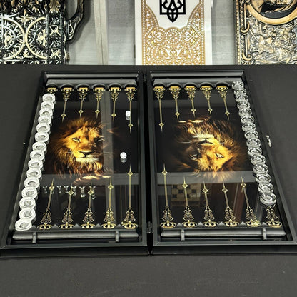 Glass backgammon set, LION Black&White 61*27*5cm, Personalized and Exclusive Design. Gift-ready.