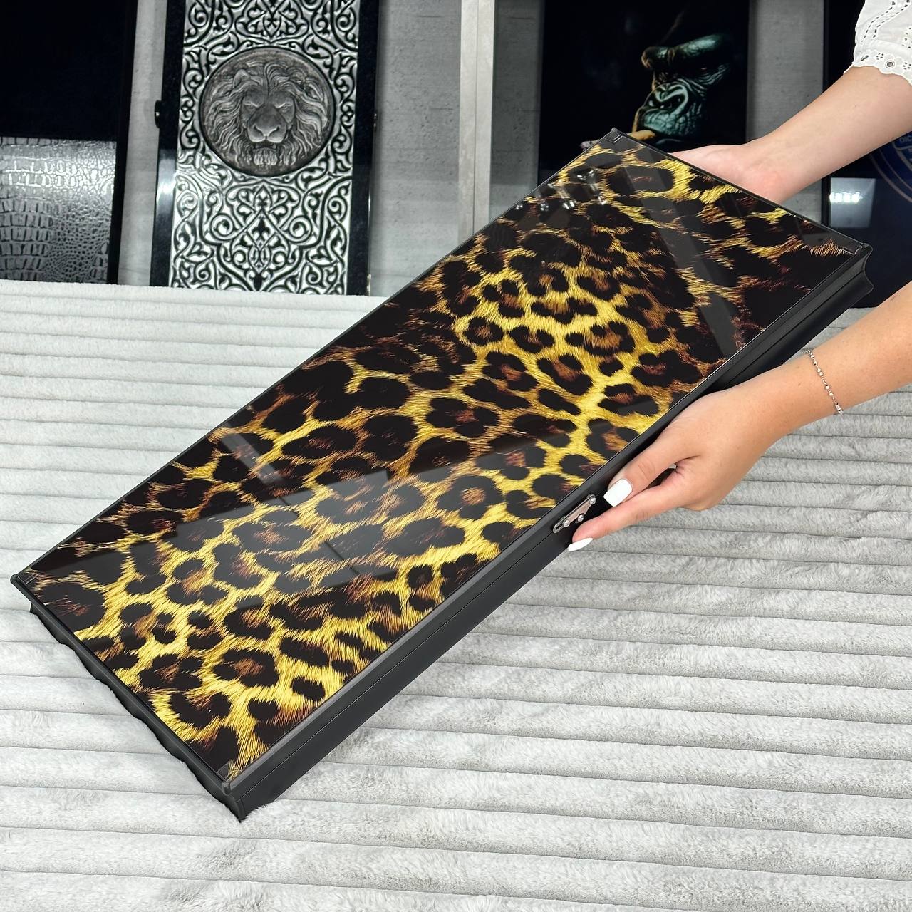 Glass backgammon set Leopard, 61*27cm. Personalization. Gift-ready.