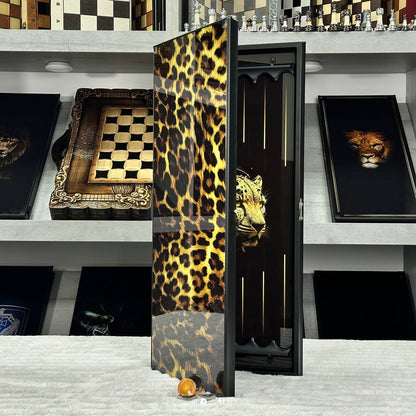 Glass backgammon set Leopard, 61*27cm. Personalization. Gift-ready.