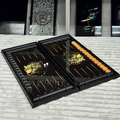 Glass backgammon set Leopard, 61*27cm. Personalization. Gift-ready.