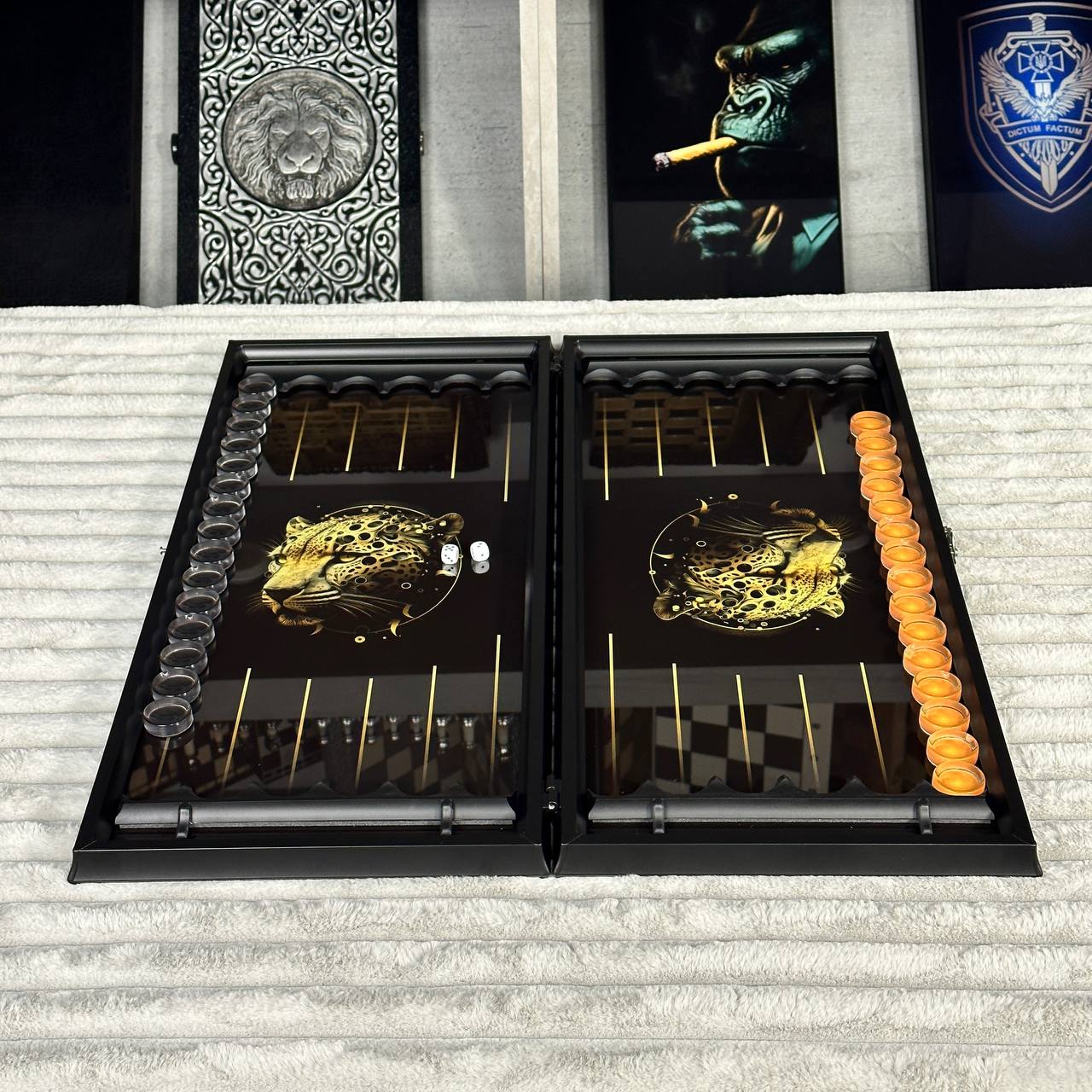 Glass backgammon set Leopard, 61*27cm. Personalization. Gift-ready.