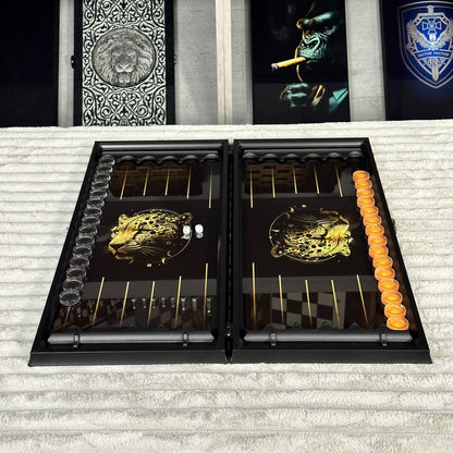 Glass backgammon set Leopard, 61*27cm. Personalization. Gift-ready.