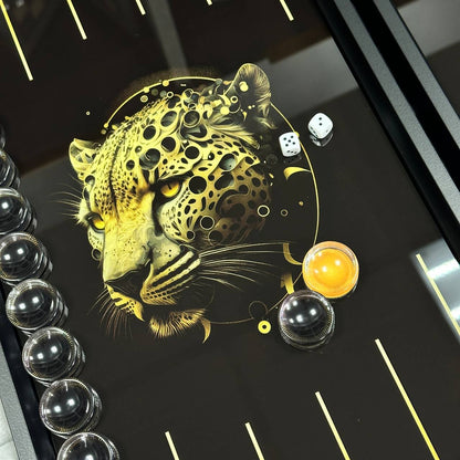 Glass backgammon set Leopard, 61*27cm. Personalization. Gift-ready.