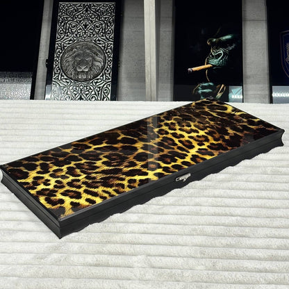 Glass backgammon set Leopard, 61*27cm. Personalization. Gift-ready.