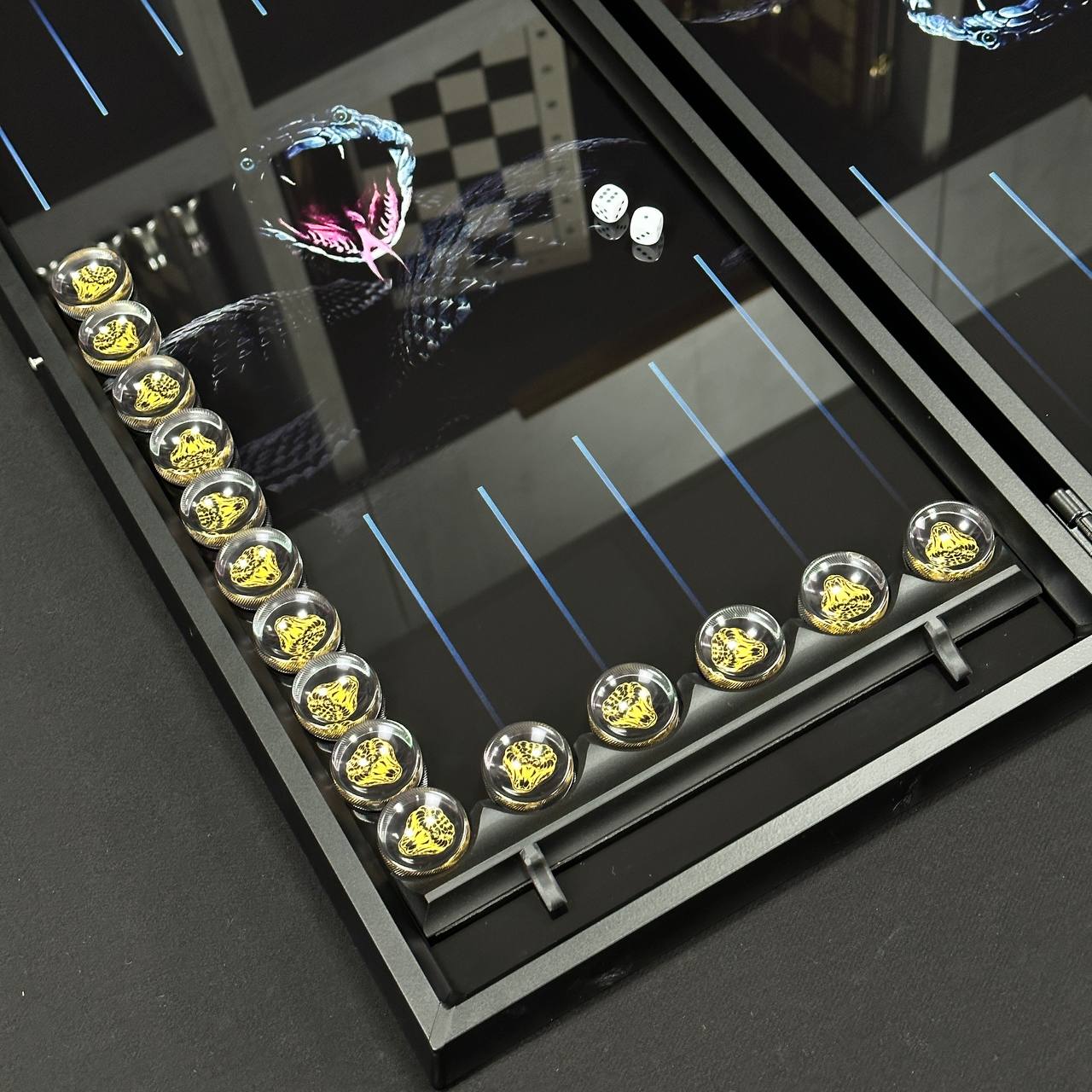 Glass backgammon set Snake, 61*27cm. Personalization. Gift-ready.