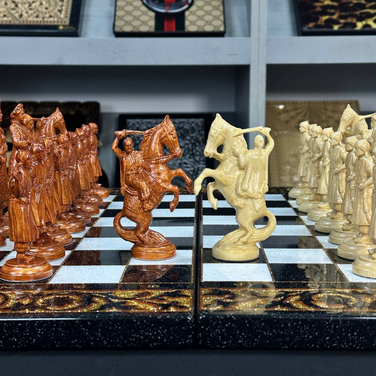 Deluxe Acrylic Stone Chess & Backgammon Set – Gold Carved Design (58×28 cm) | Free Global Delivery | Gift-ready