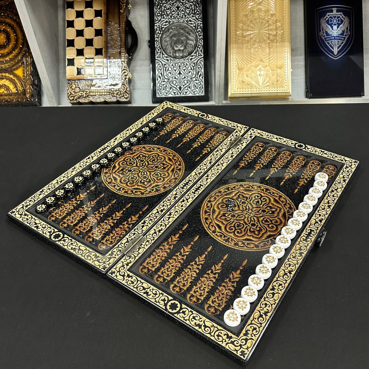 Deluxe Acrylic Stone Chess & Backgammon Set – Gold Carved Design (58×28 cm) | Free Global Delivery | Gift-ready