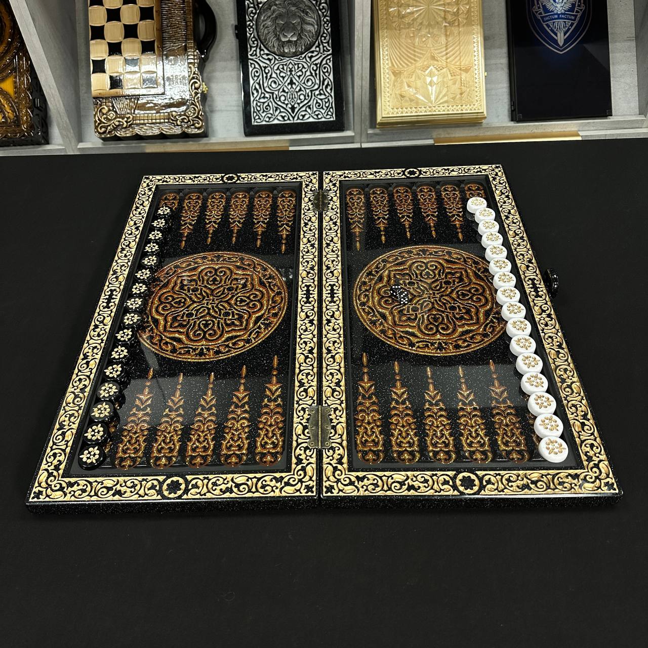 Deluxe Acrylic Stone Chess & Backgammon Set – Gold Carved Design (58×28 cm) | Free Global Delivery | Gift-ready