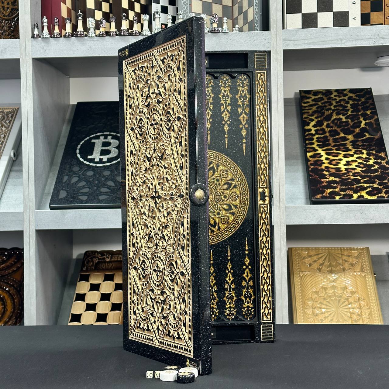 Luxury black&gold acrylic stone backgammon 58×28cm, stone board Gift-ready