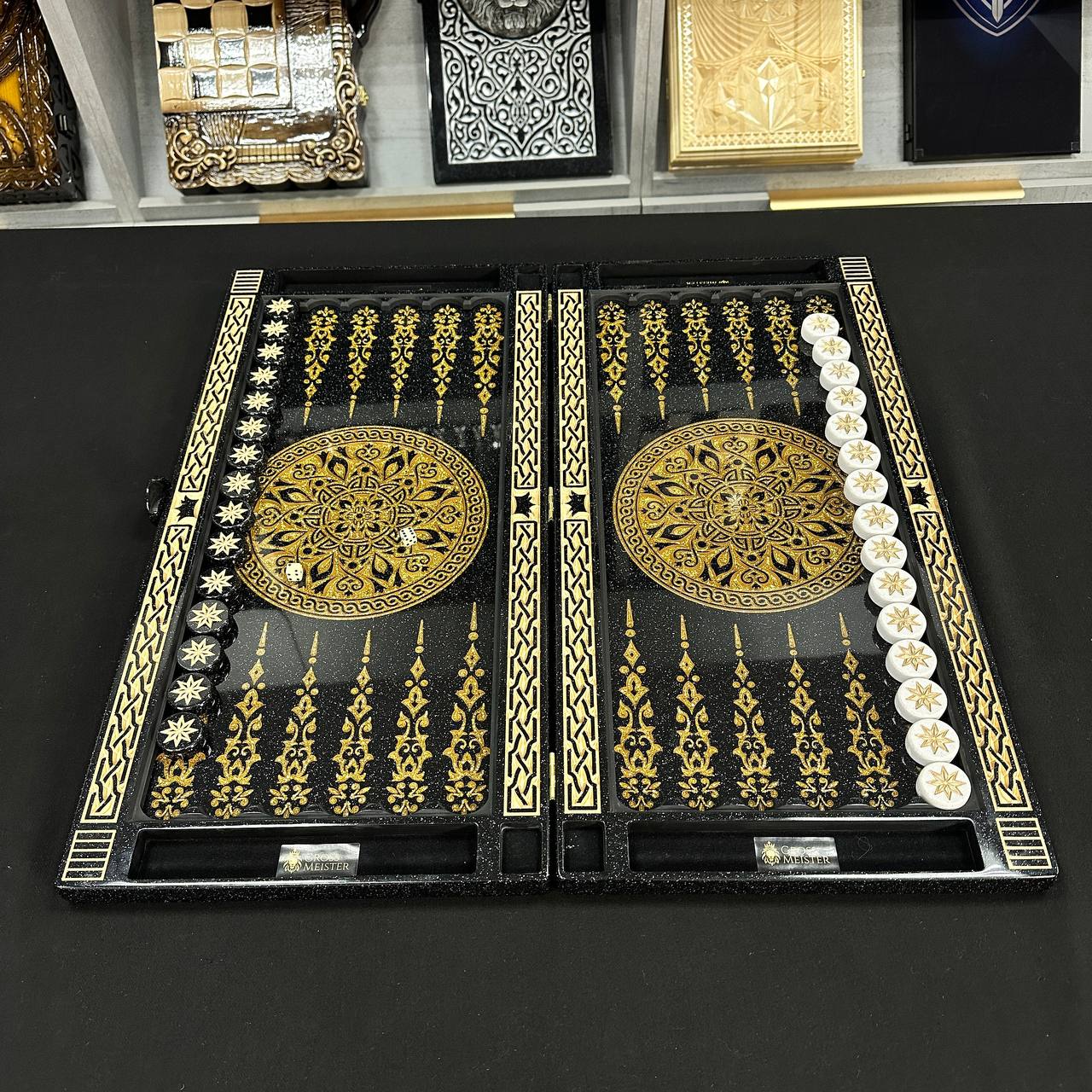 Luxury black&gold acrylic stone backgammon 58×28cm, stone board Gift-ready