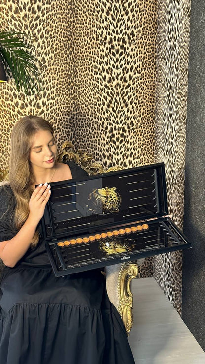 Glass backgammon set Leopard, 61*27cm. Personalization. Gift-ready.