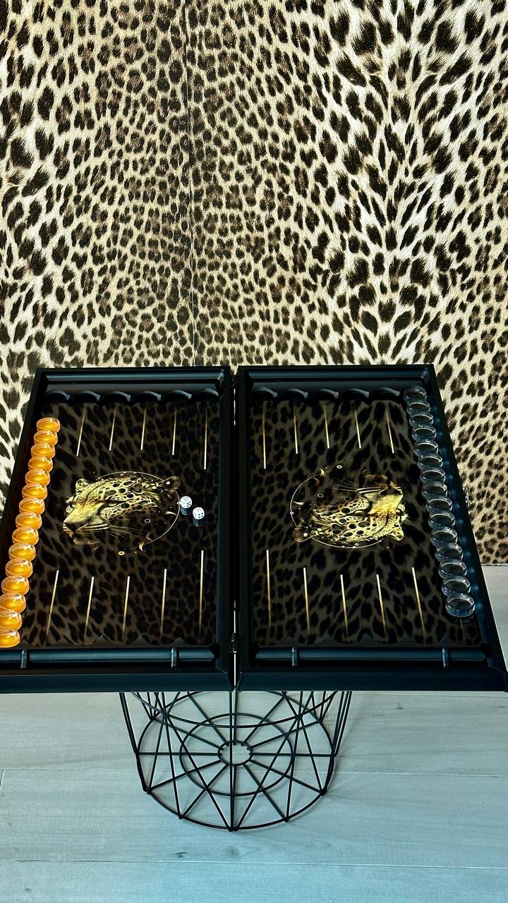 Glass backgammon set Leopard, 61*27cm. Personalization. Gift-ready.