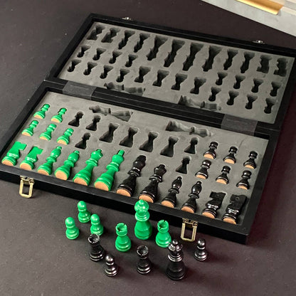 Magnetic Wooden Chess Set with Extra "Queen" in Green and Black, 40×20 cm. Gift-ready